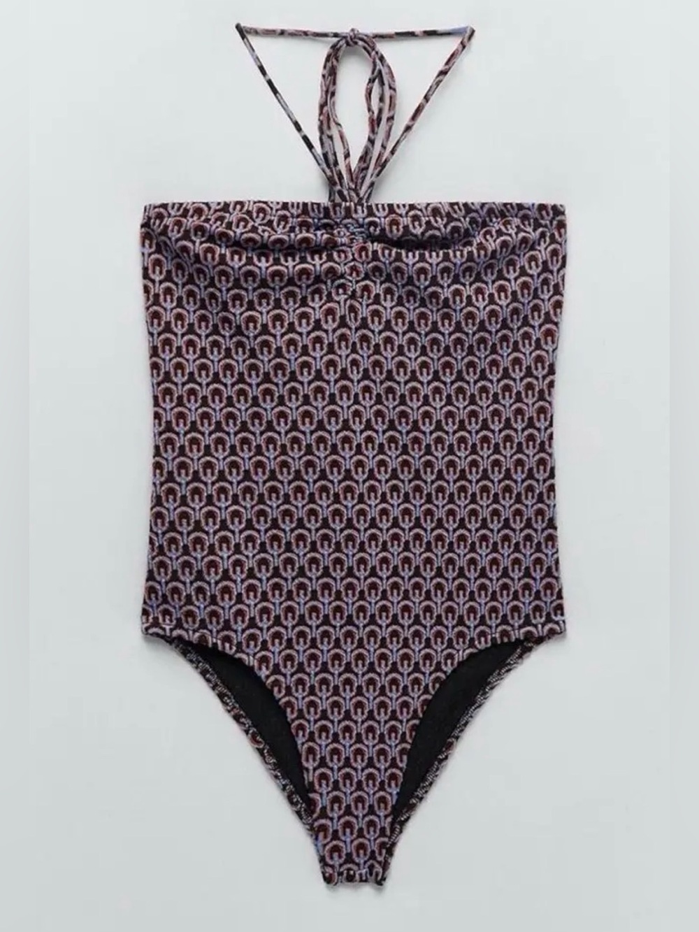 New Zara Geometric Patterned Printed Gathered Front Detail Halter Bodysuit M